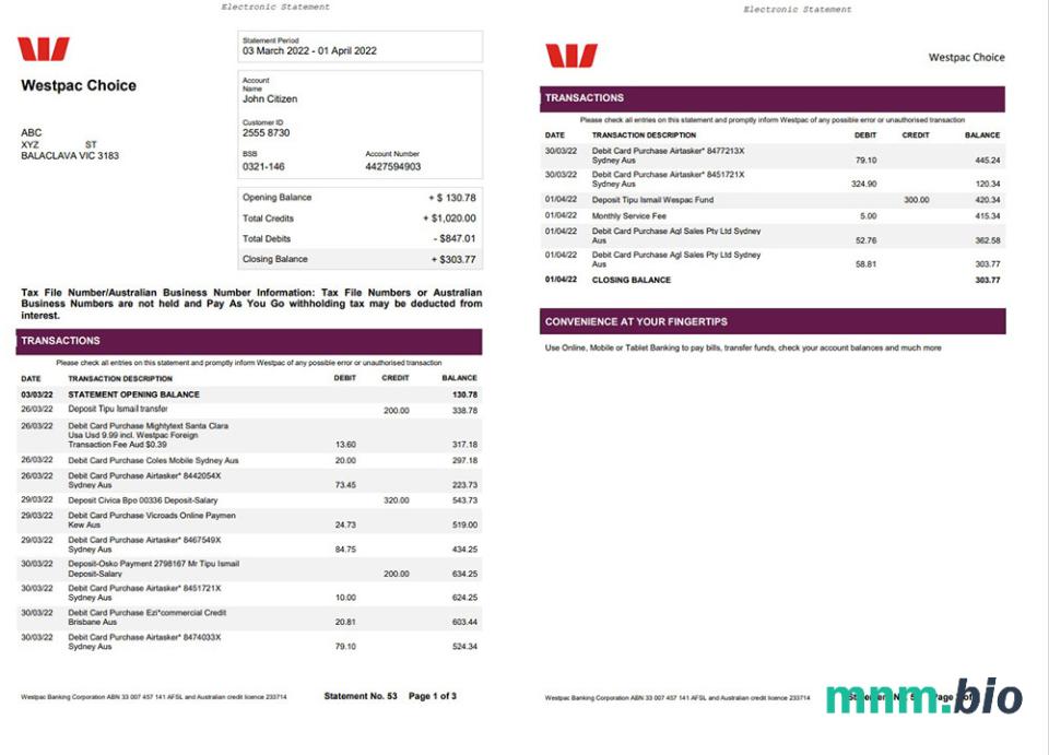 Wyciąg bankowy Australia Suncorp 5 stron